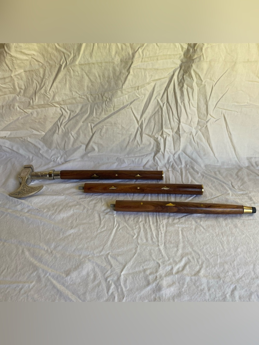 Solid Pewter Axe Handle Polished Hardwood/Brass Inlay Walking Stick/Cane Celtic